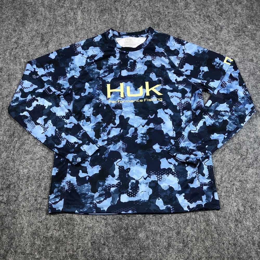 Huk Performance Fishing Shirt Mens Small Blue Camo Long Sleeve Raglan UPF